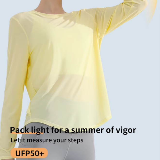Summer UPF50 Plus Long Sleeve Round Neck Mesh Sexy Breathable Running Yoga Top