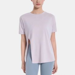 Loose Fitting Women Gym Tops Side Split Crewneck T Shirt